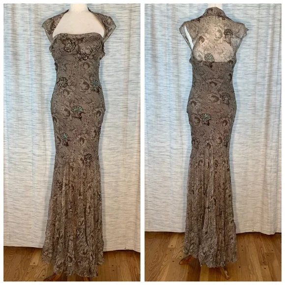 Nina Austin brown and tan floral evening gown. - Picture 2 of 14